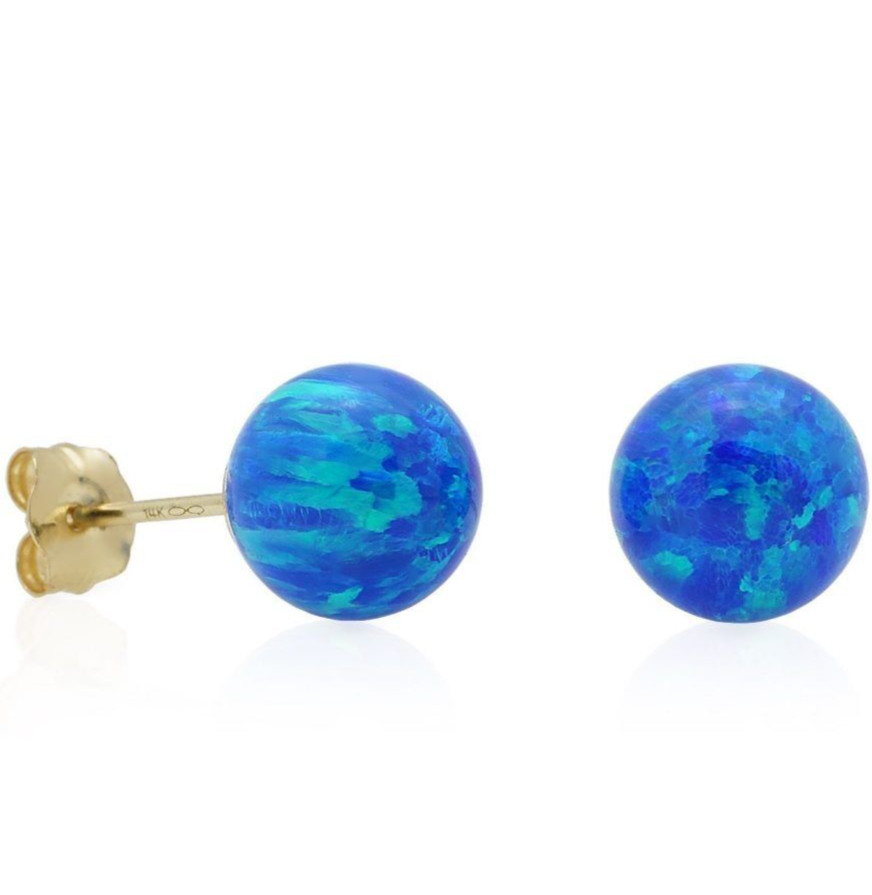 14K Yellow Gold Blue Opal Ball Butterfly Pushback Stud Earrings 7mm