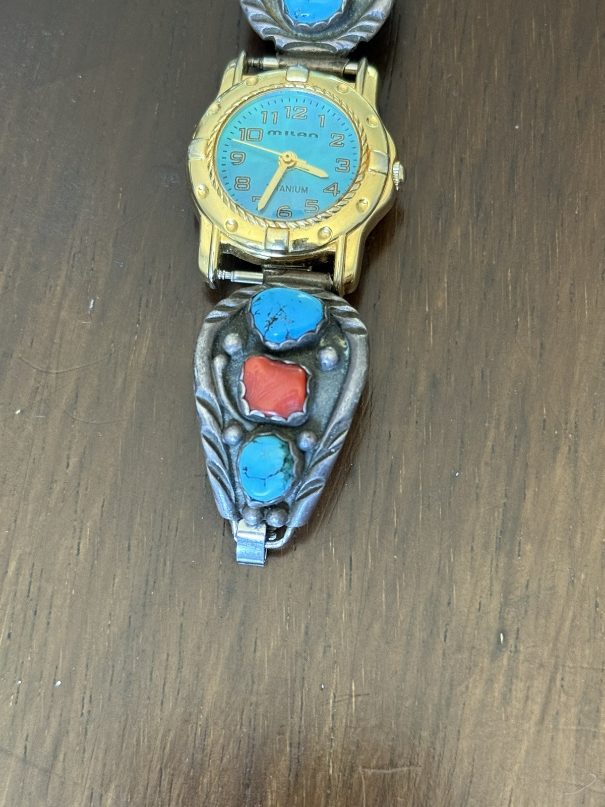 Authentic Vintage Navajo style sterling silver turquoise and coral stone watch
