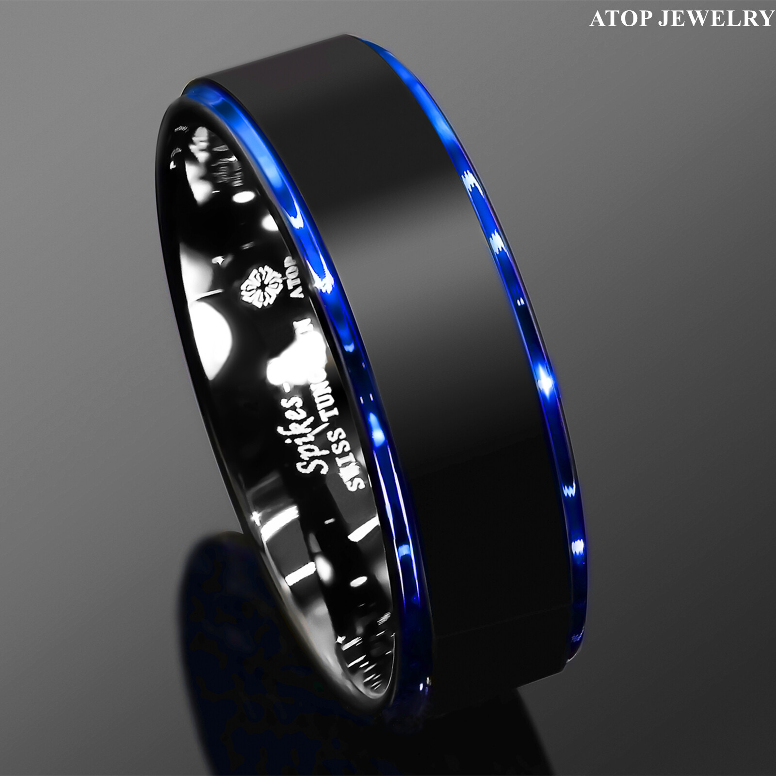 8/6mm Tungsten Ring Black Brushed Blue Stripe Wedding Band ATOP Men’s Jewelry
