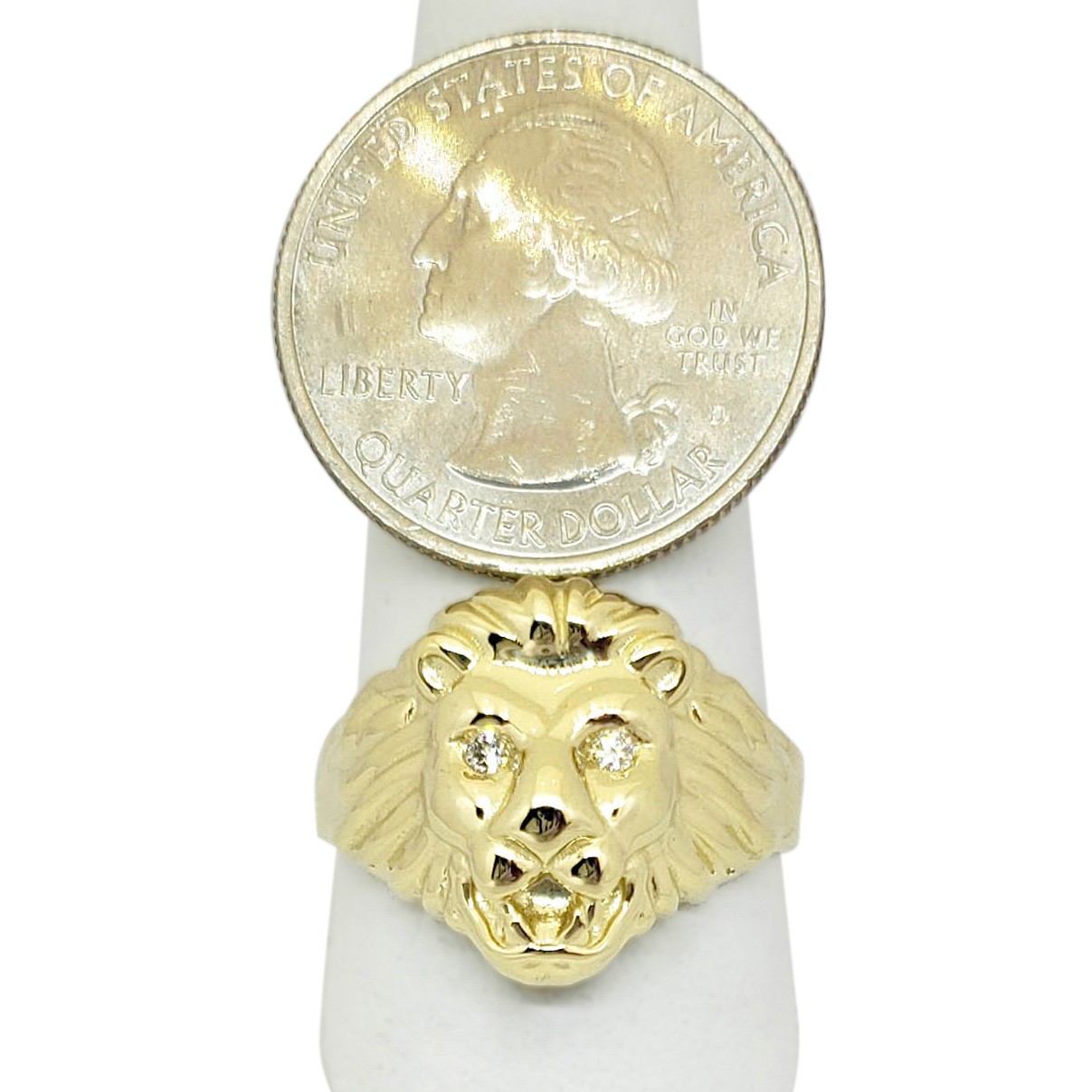 Solid 14K Yellow Gold Mens Lion Ring with Diamond Eyes Size 5 – 15