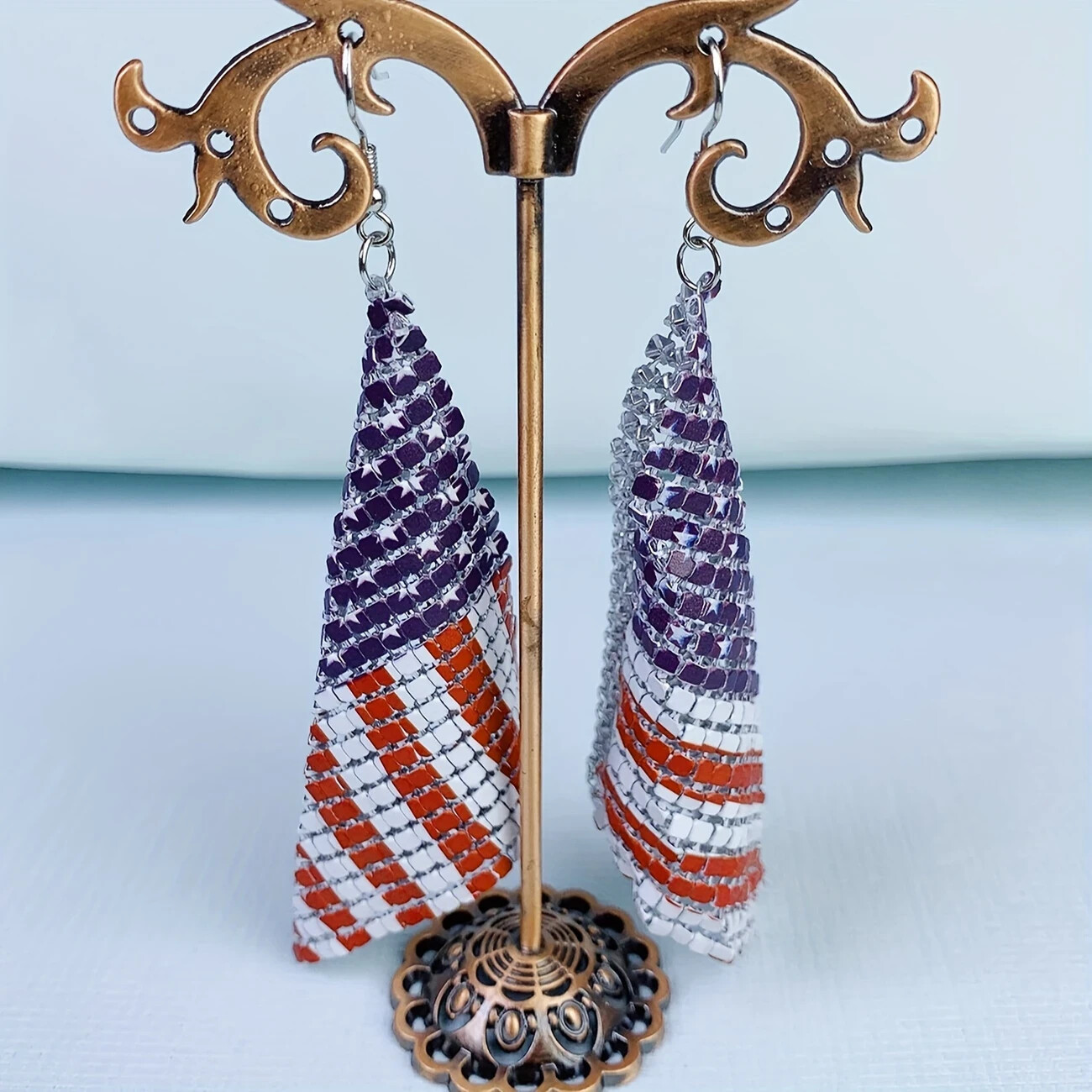 Patriotic American Flag Geometric Square Mesh Dangle Earrings Independence Day