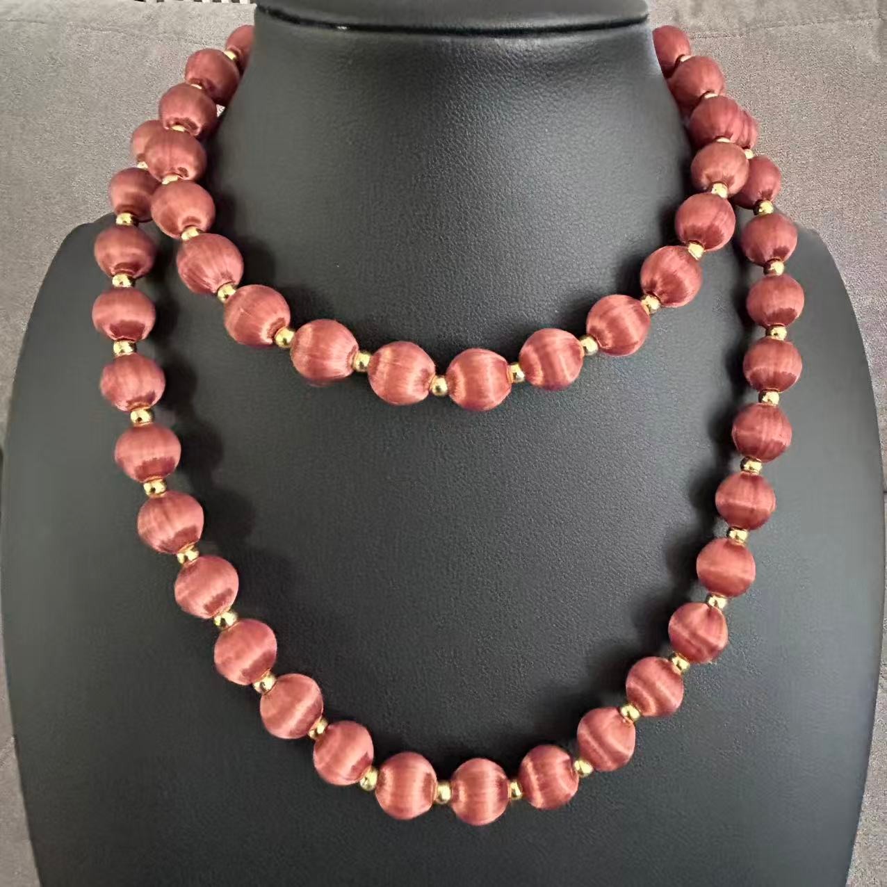 Vintage Burgundy Silk Satin Thread Wrapped Bead Single Strand Necklace 30″