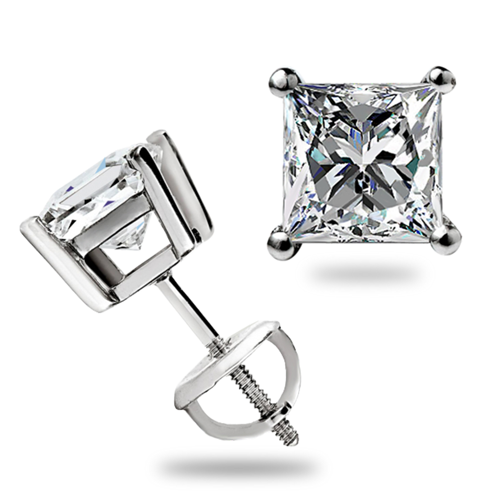 1.55Ct Princess Cut GRA MOISSANITE Studs Earrings 14K White Gold Screw Back Gift