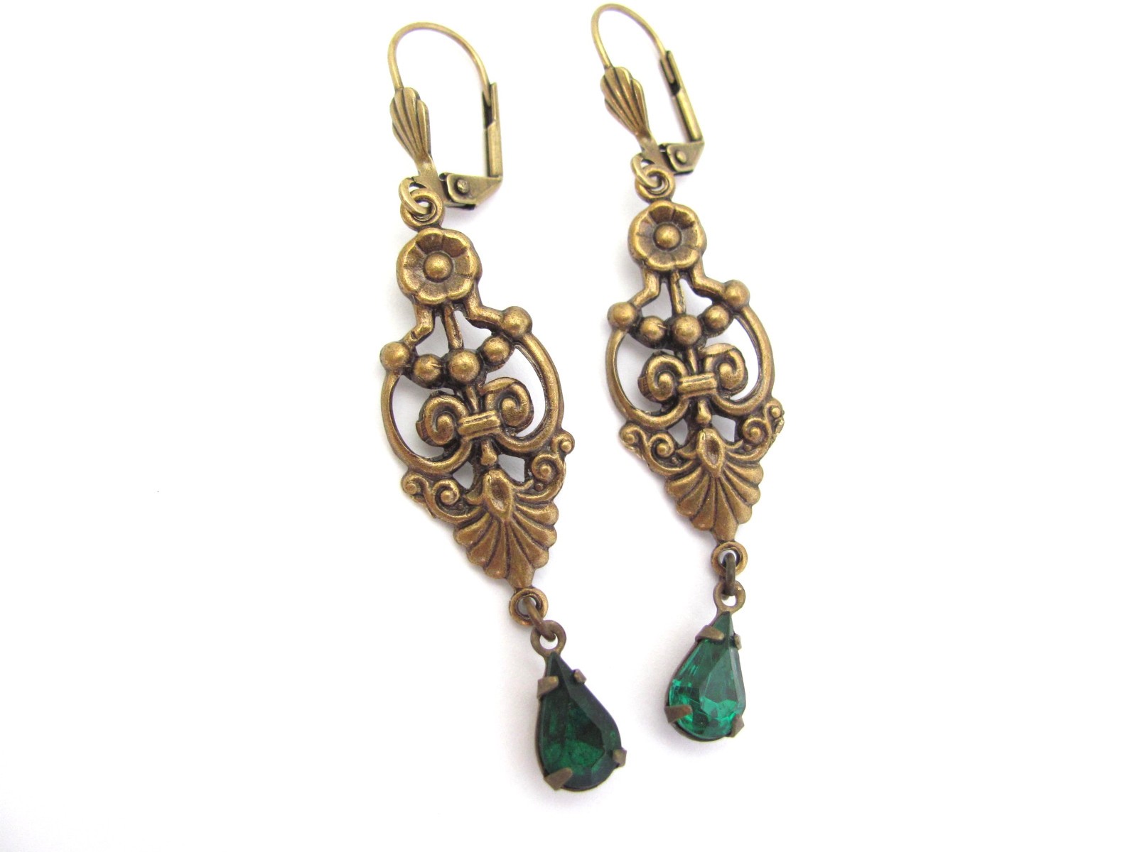 Art Deco Earrings Design Emerald Green Crystal Bohemian Antiqued Brass Long
