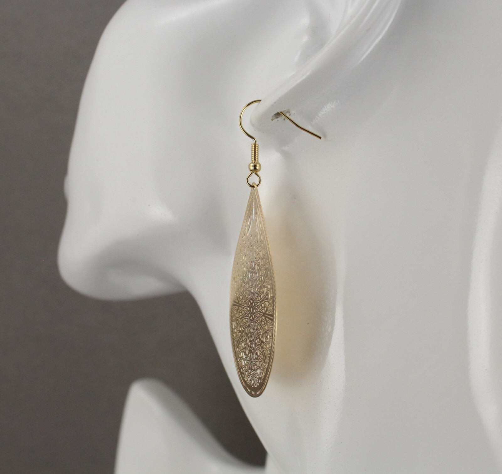 Gold earrings teardrop dangle shiny VERY lightweight filigree earrings 2.5″ long