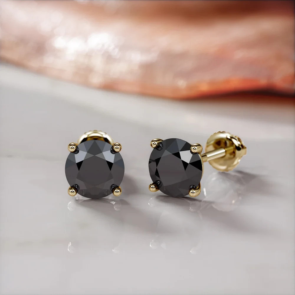 Natural Black Diamond Stud Earrings Martini Setting 14K Gold ScrewBack Men Women