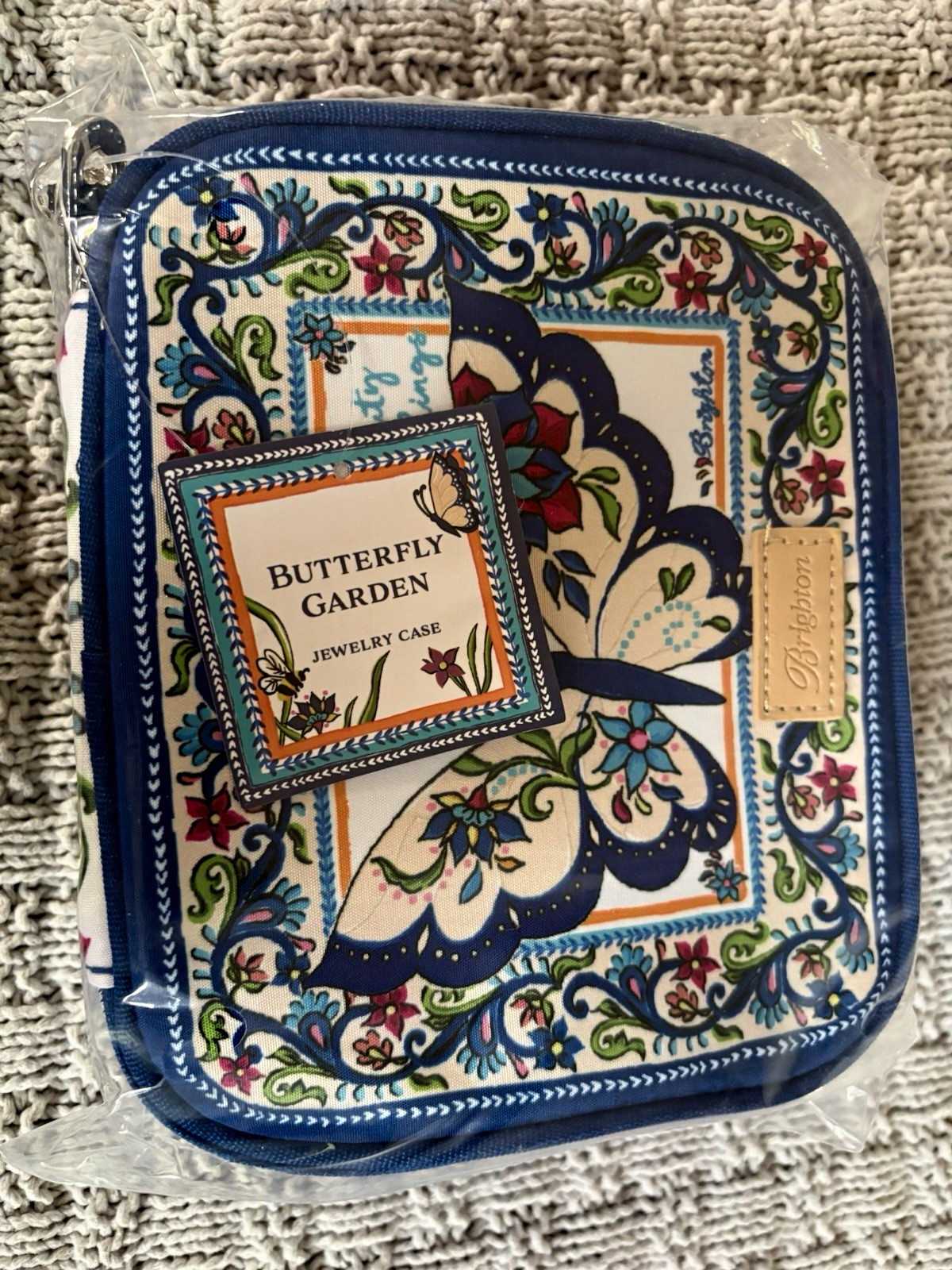 Brighton Butterfly Garden Zip-Around Lined Jewelry Case Blue Floral Fabric