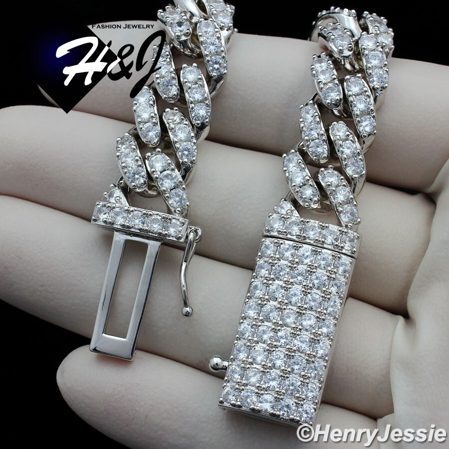 18-24″MEN 14K WHITE GOLD PLATED ICY BLING CZ 12MM MIAMI CUBAN CURB NECKLACE*BN5