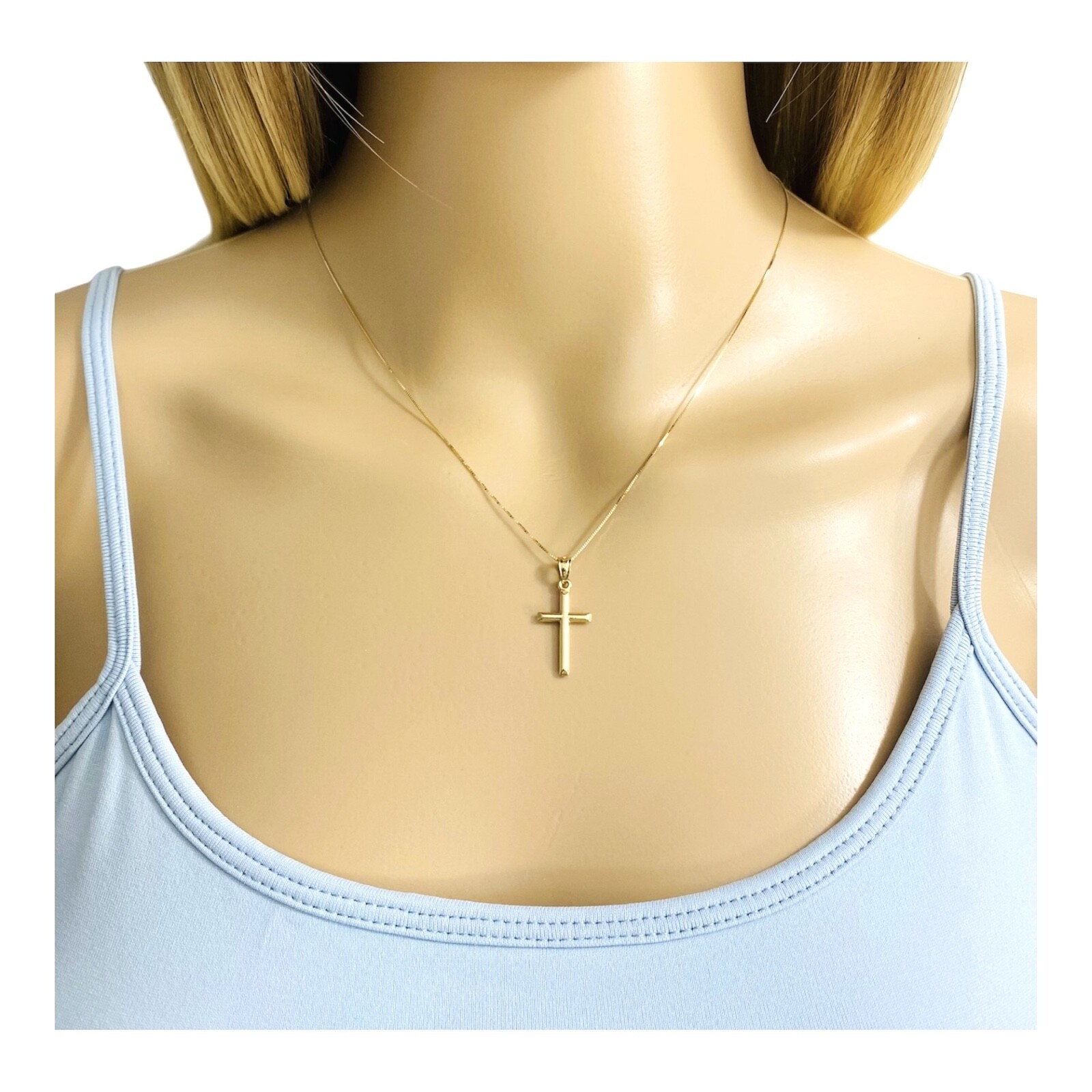14K Solid Yellow Gold Cross Pendant Necklace-0.5mm Box Chain- Small Cross- C3623