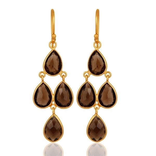 14K Gold Plated Sterling Silver Bezel Set Smoky Quartz Chandelier Earrings