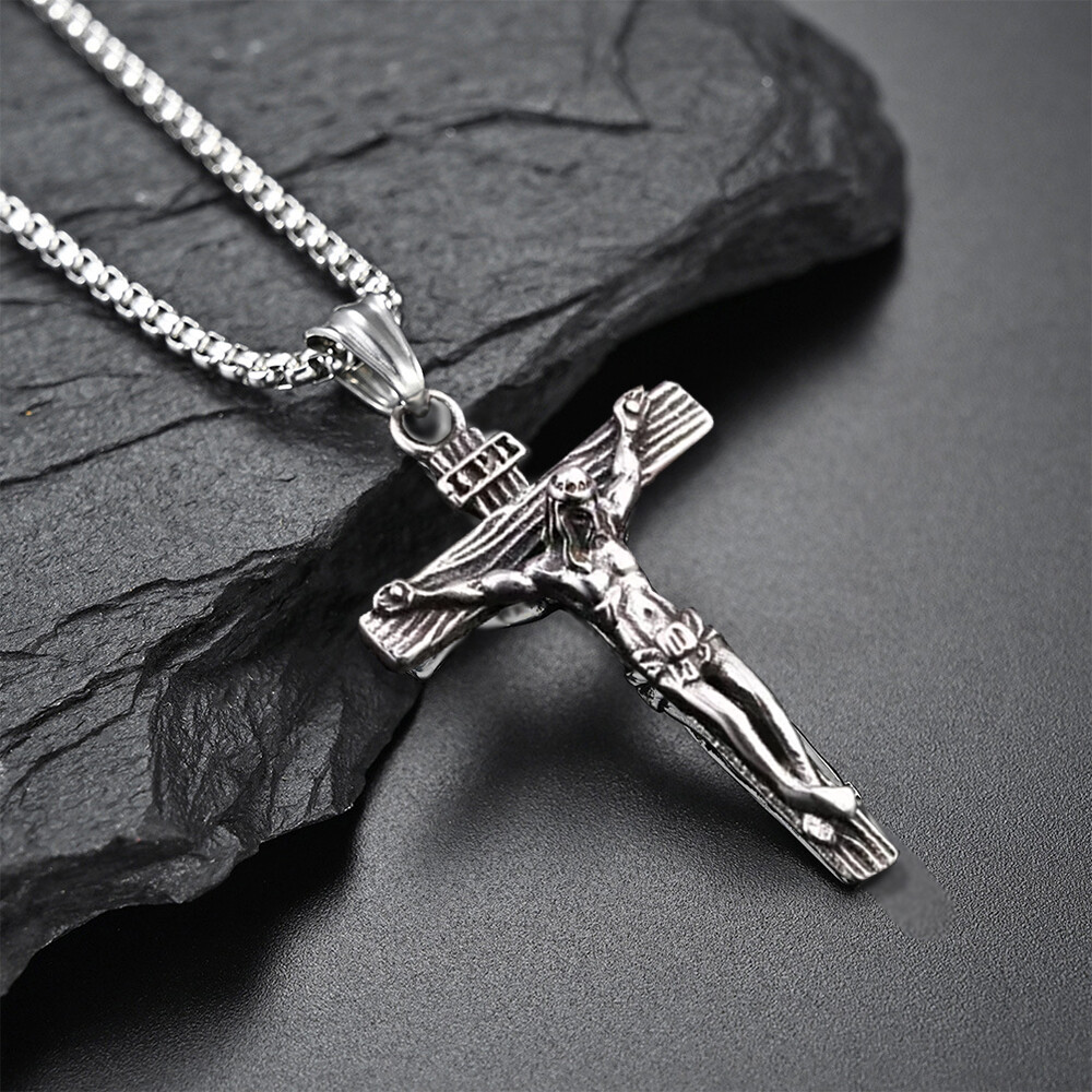 Men Stainless Steel Jesus Christ Crucifix Cross Pendant Chain Necklace