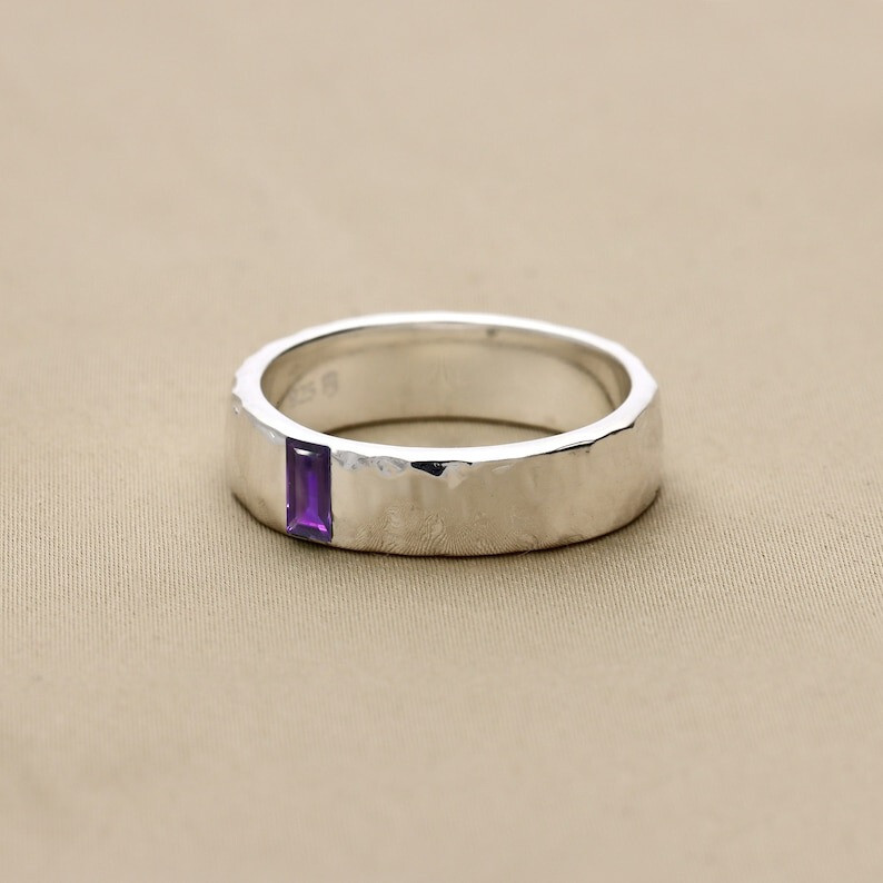 Solid 925 Sterling Silver Hammered Band Ring Amethyst Mens Ring Gift Him