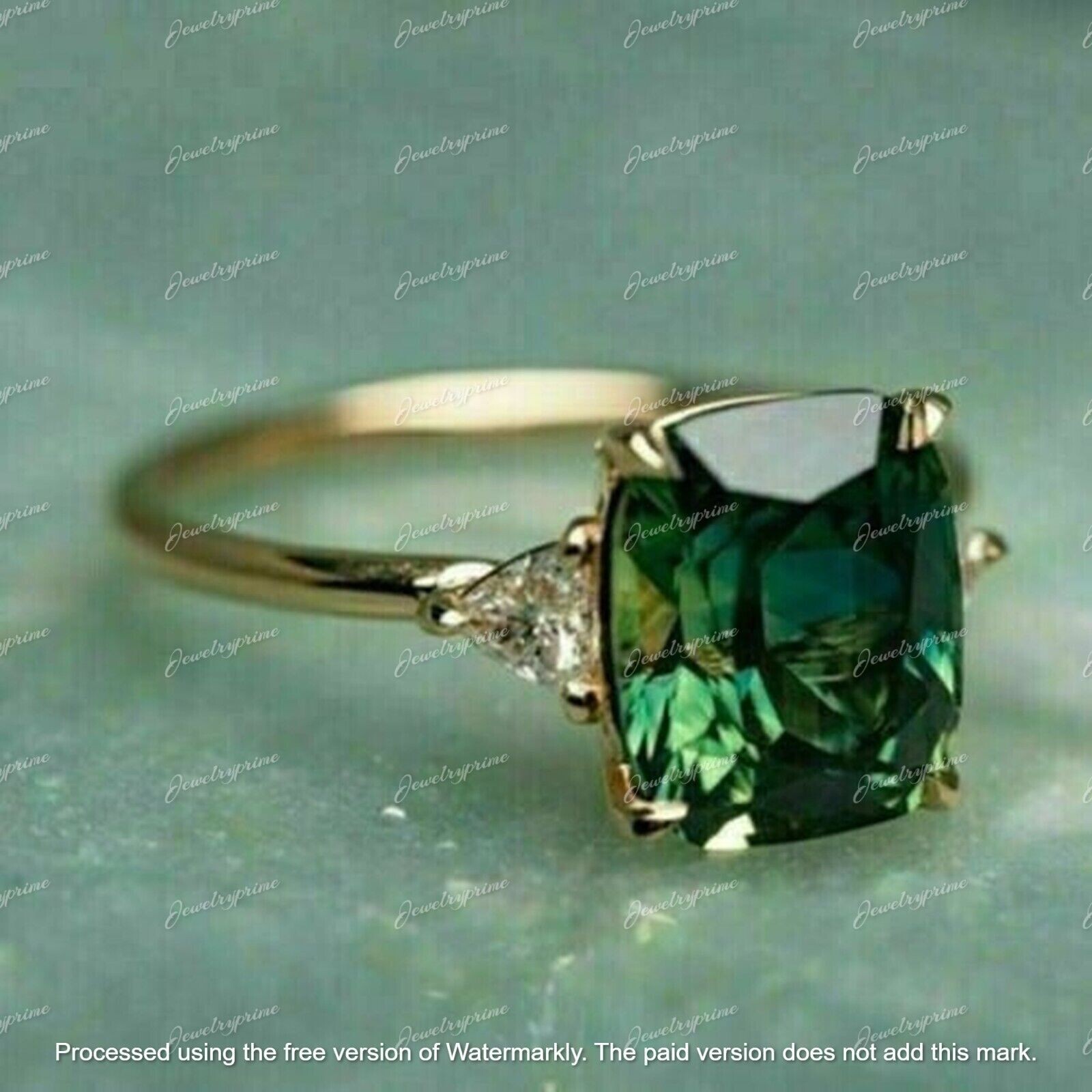 3Ct Cushion Cut Lab-Created Green Emerald Engagement Ring 14K Yellow Gold Plated