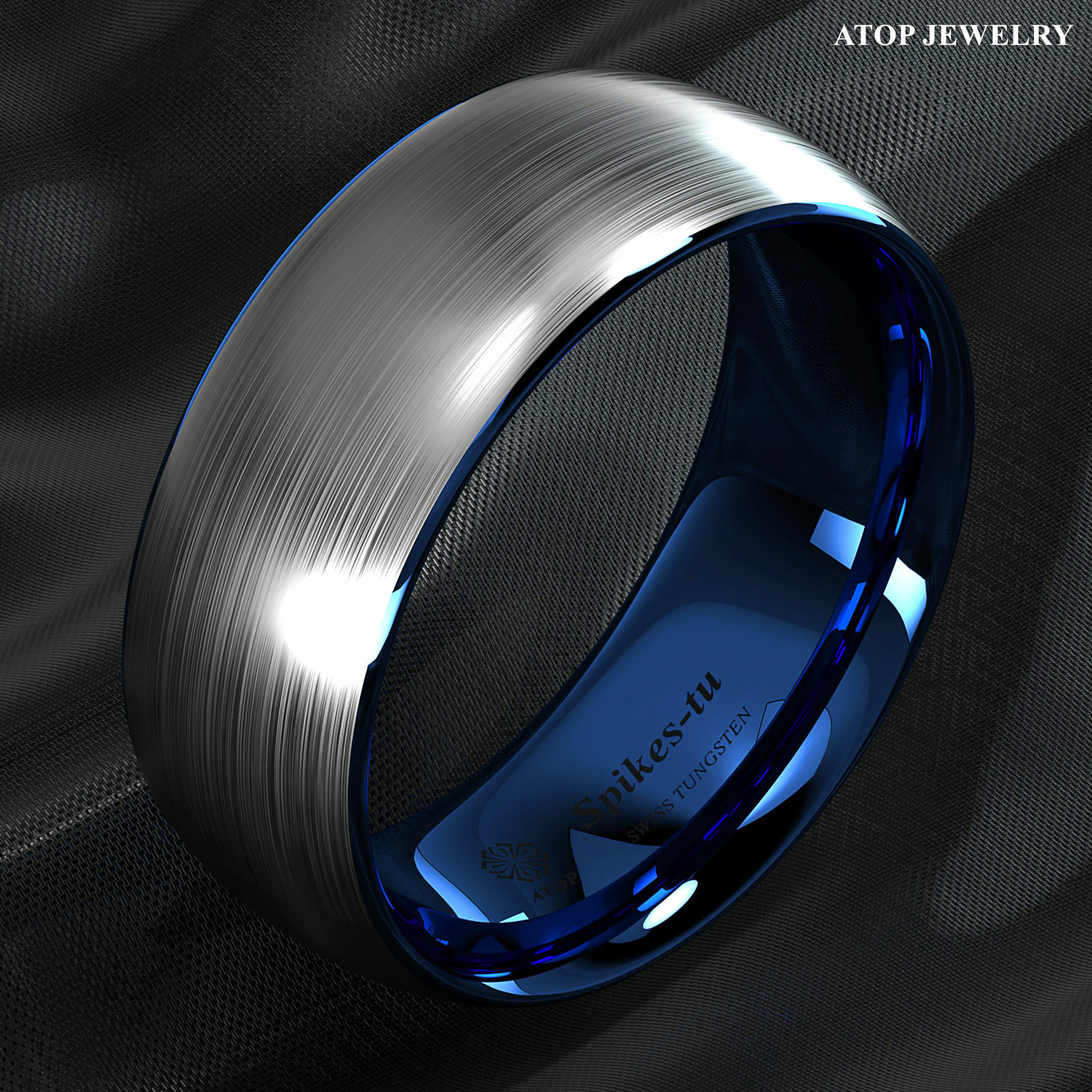 8mm Tungsten Carbide ring Silver Brushed Blue Inlay Wedding Band ATOP Men’s Ring