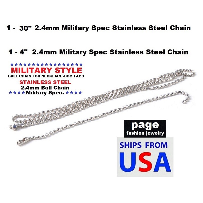 US Seller- 30″ + 4″- 2.4mm Ball Chain Stainless Steel Military Spec For Dog Tags