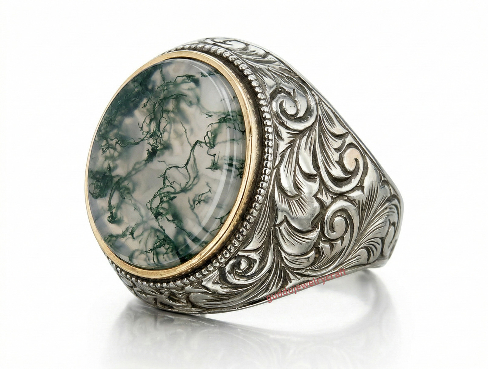 925 Sterling Silver Moss Agate Ring Hand Engraved Oval Gemstone Men’s Statement