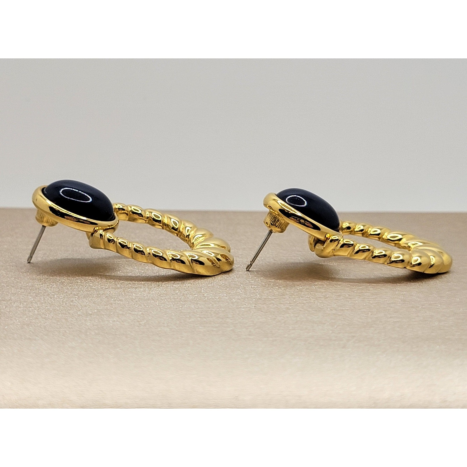 Vintage Signed Monet Door Knocker Earrings Oval Navy Blue Cabochon Goldtone 1990
