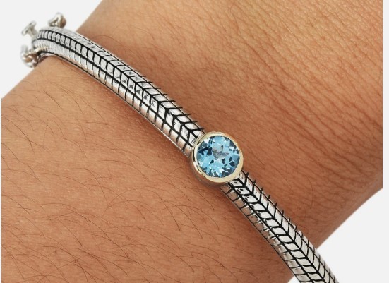 Blue Topaz Silver 14K Yellow Gold 7.0″ Hinged Locking Bangle Bracelet 17.6 GRAM
