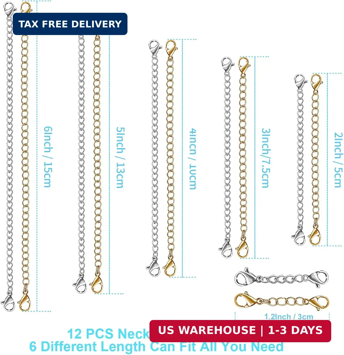 12 Pcs Extender /Safety Chain Extender Necklace Bracelet Lobster lock 1″ To 6″