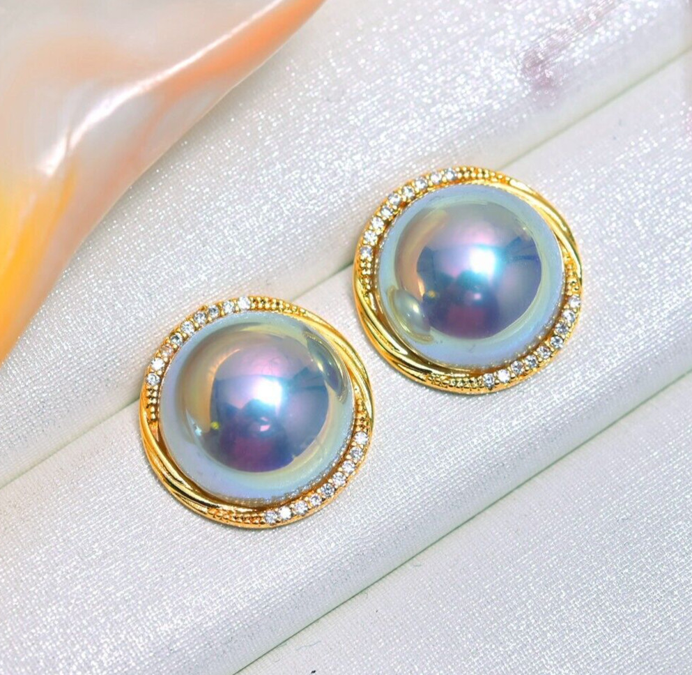 SeaShell MABE Pearl Gray 17mm Stud Earrings 14k Yellow Gold Plated Sliver