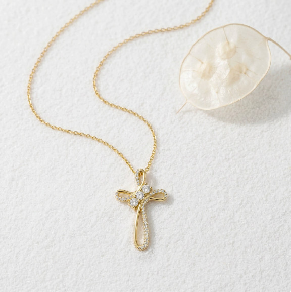 Gold Twisted Ribbon Cross Pendant Necklace with Sparkling Zircon for Women Gift