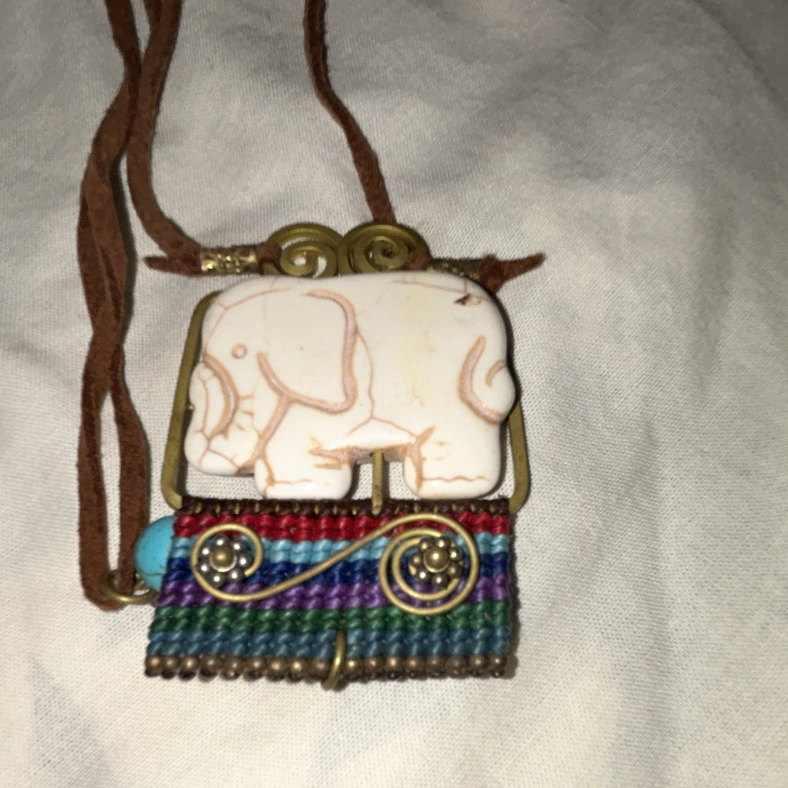 Multicolor Elephant Charm Pendant Necklace Adjustable Brown Cord Rectangle