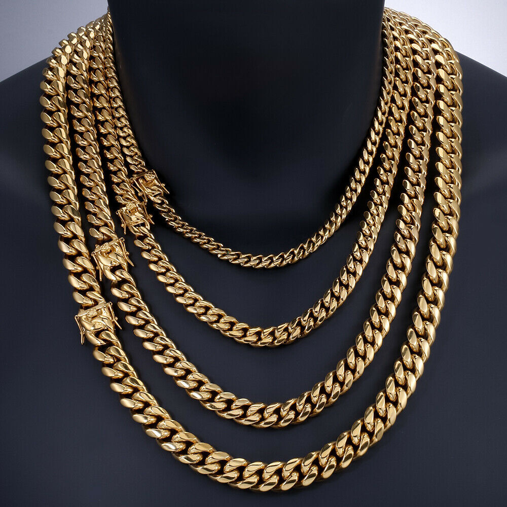 Mens Miami Cuban Link Bracelet Or Chain 18k Gold Plated Stainless Steel 8mm-14mm