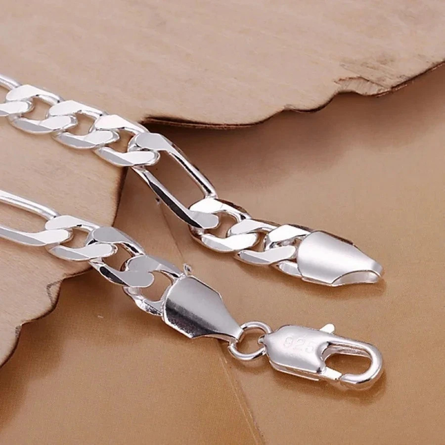 925 Sterling Silver Figaro Chain Bracelet 6-8mm Unisex Wedding Jewelry 20cm