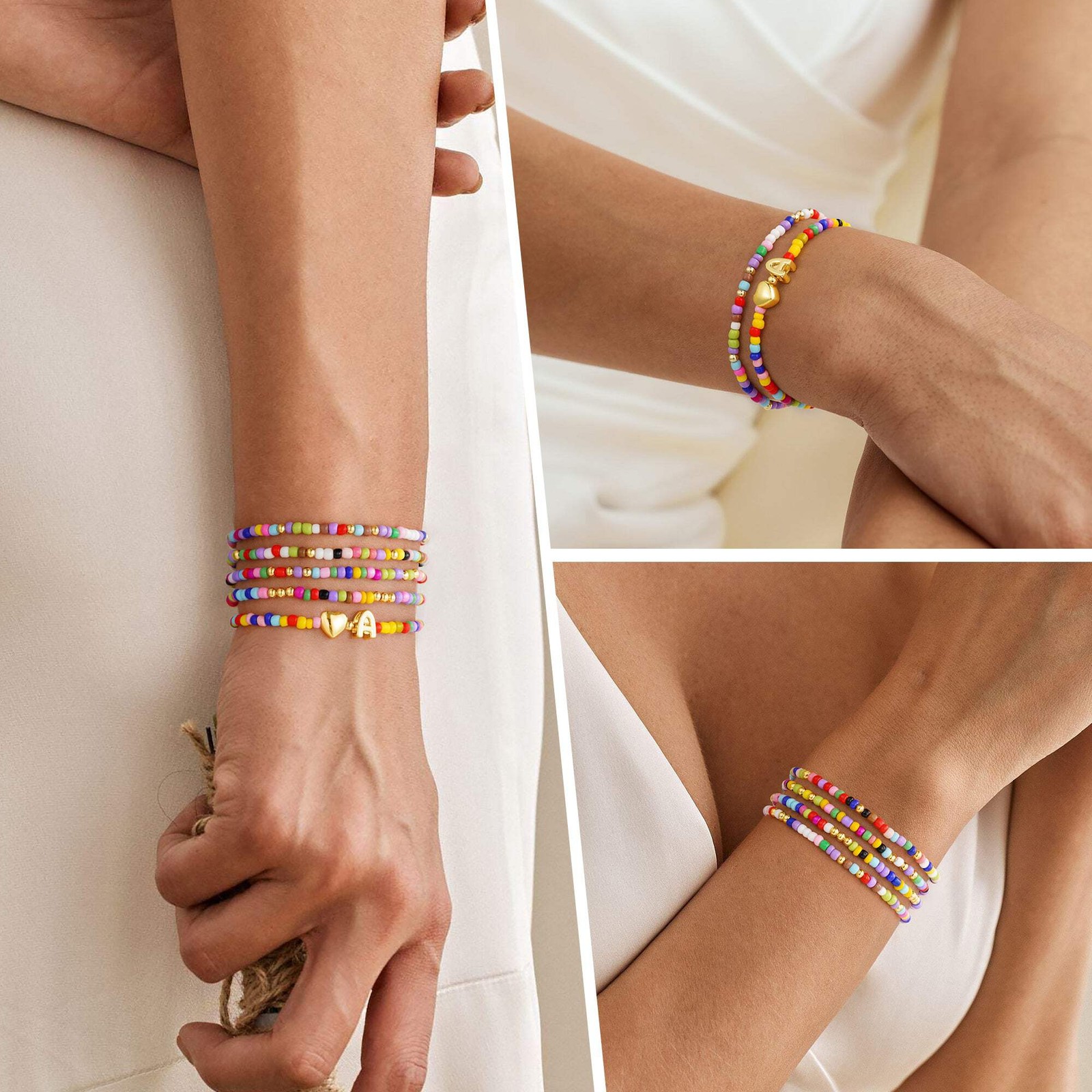 Turandoss 5PCS Gold Beaded Heart Initial Bracelets for Women Girls Gifts, 6.5In
