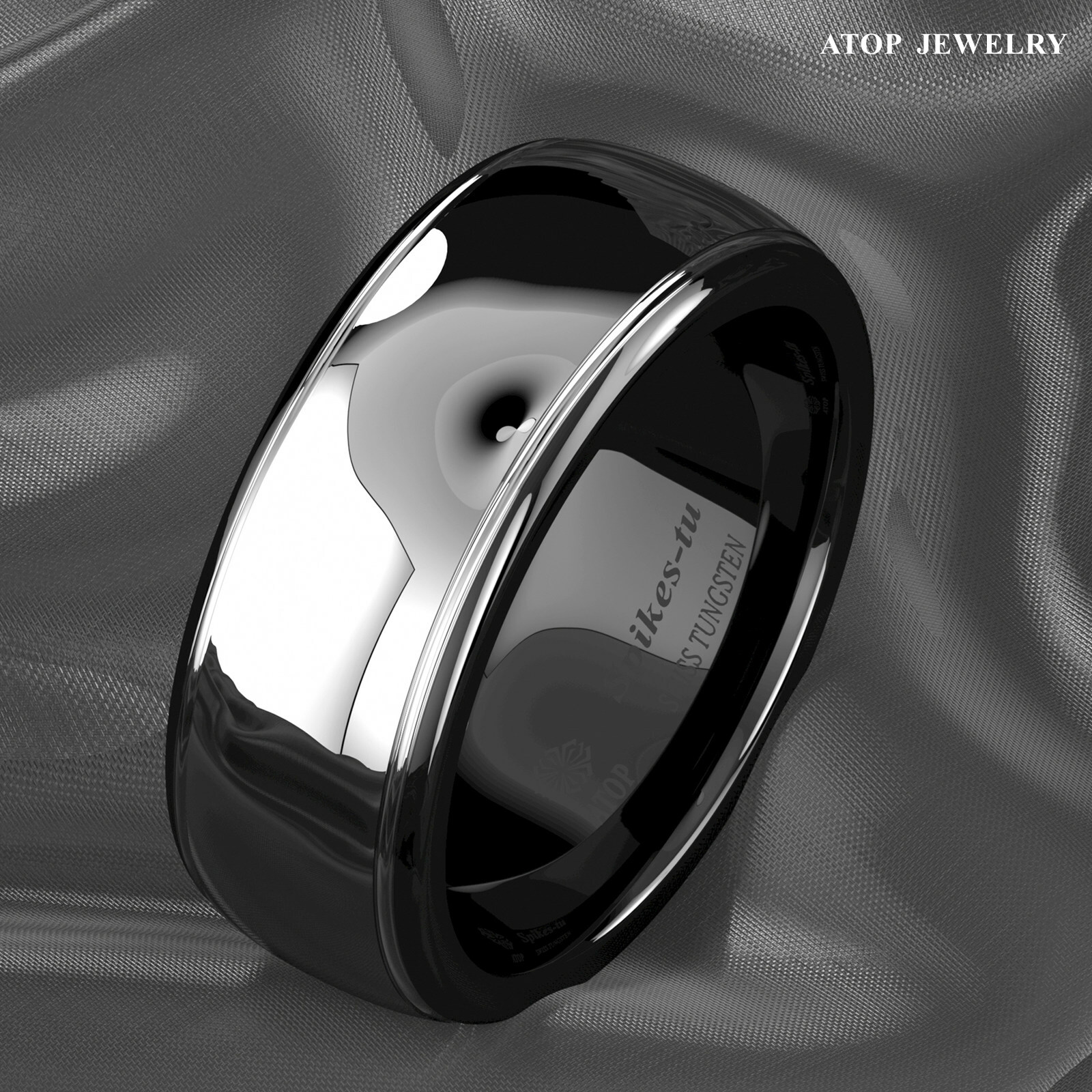 8/6mm Dome Black Silver Center Tungsten Carbide Ring ATOP Wedding Band Bridal