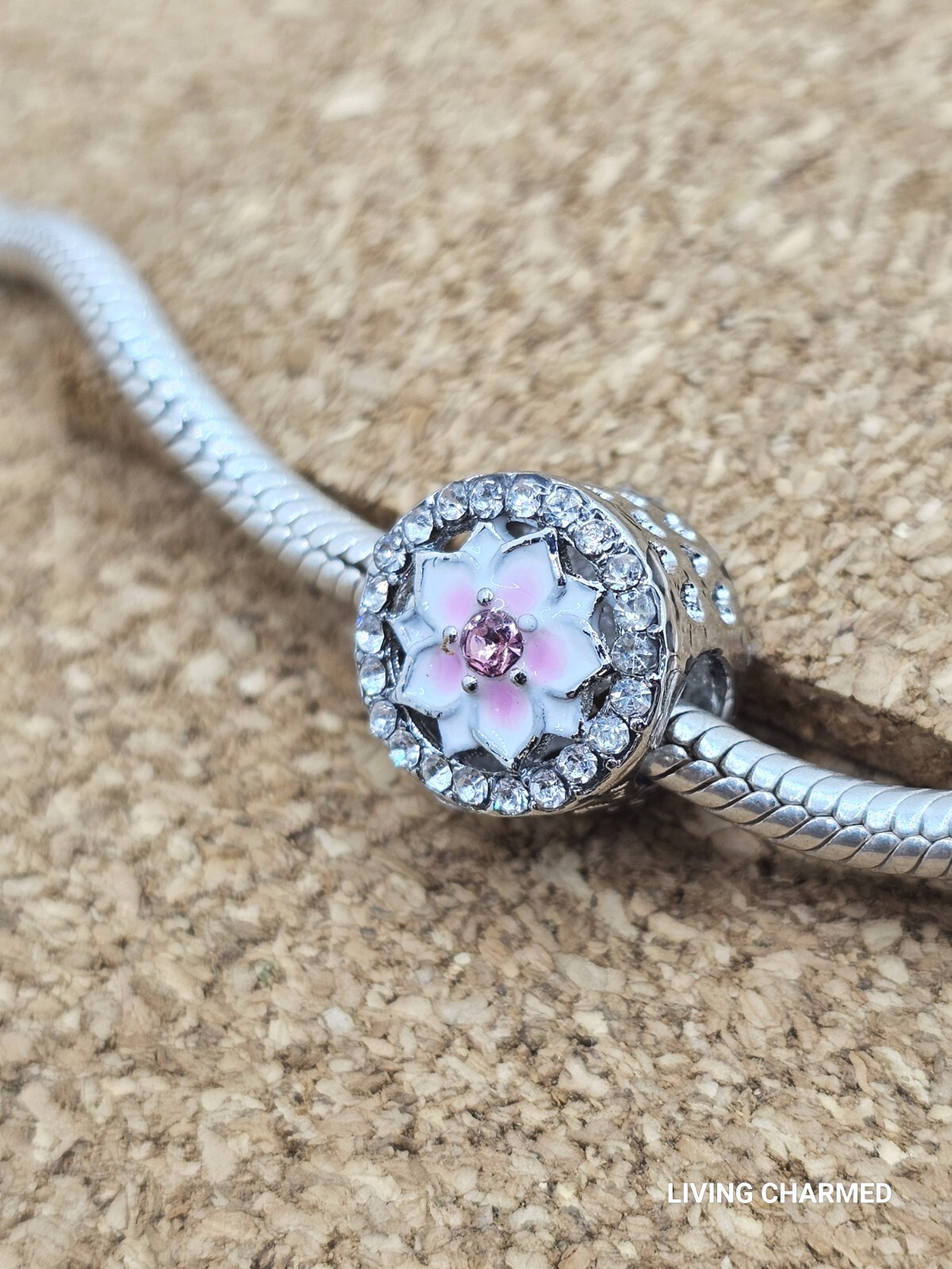 Authentic Pink Cz White Magnolia Flower European Charm Bead