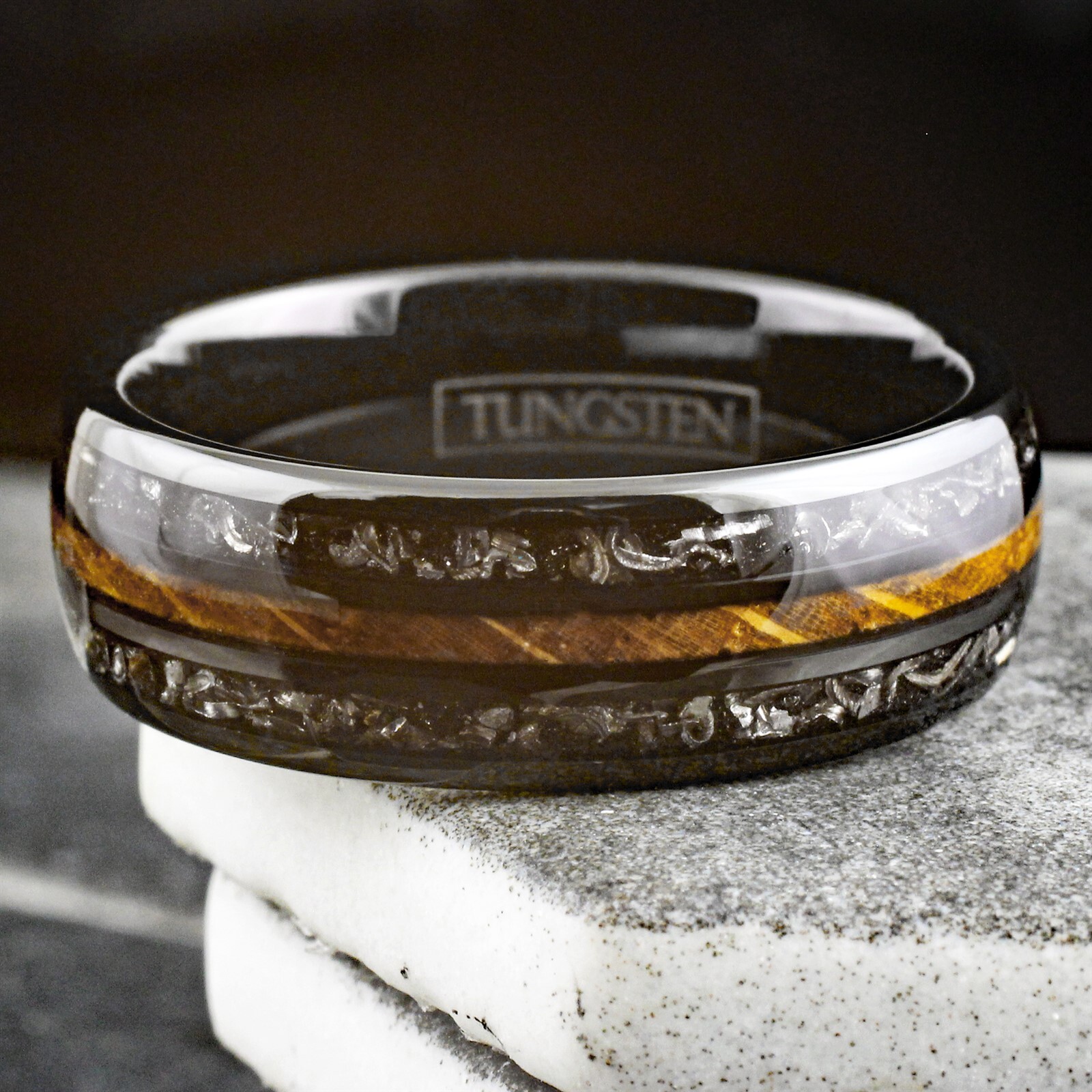 Personalized Black Tungsten Carbide Ring Whiskey Barrel Meteorite Wedding Band