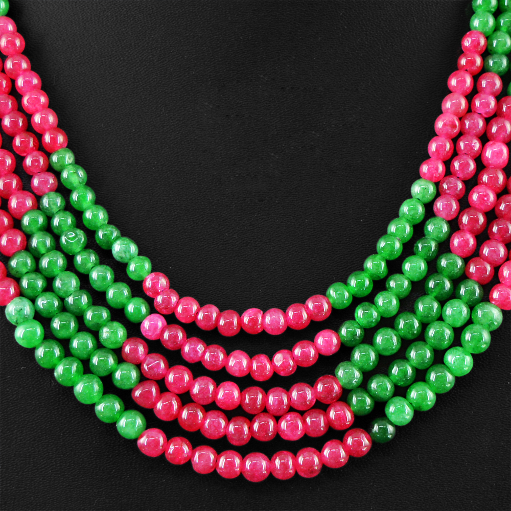 514.00 CTS EARTH MINED RED RUBY & GREEN EMERALD 5 LINE ROUND BEADS NECKLACE