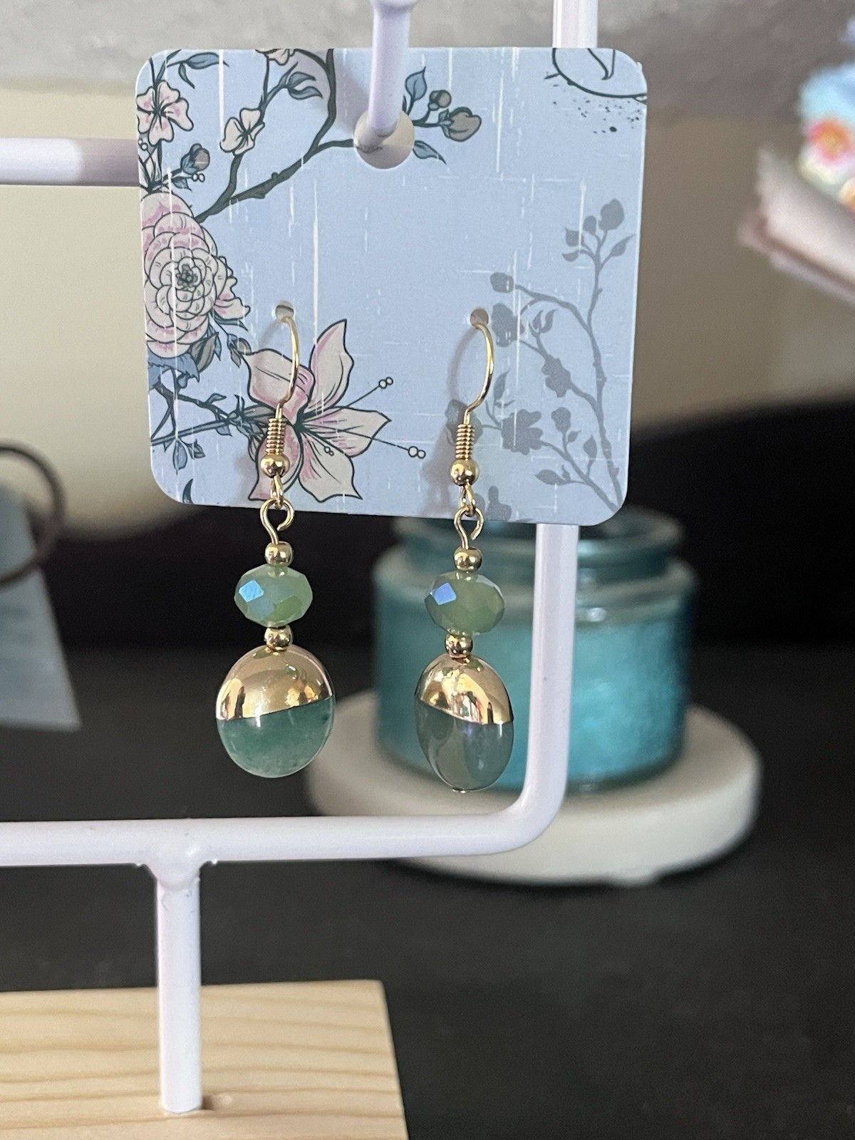 Handmade Gold Tone Green Glass Round Beaded Dangle Drop Hook Earrings for Lobe