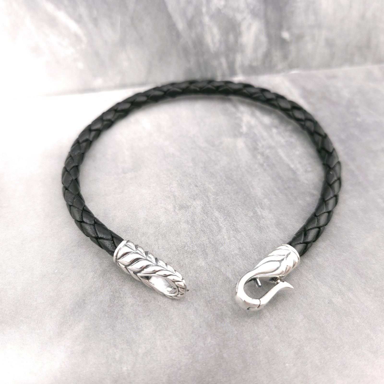 David Yurman Mens 6mm Black Leather Chevron Bracelet Sterling Silver 8 Inch