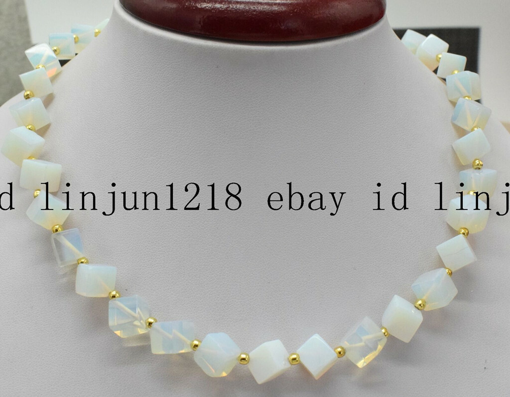 8x8mm Square White Sri Lanka Moonstone Gemstone Beads Necklace 18”
