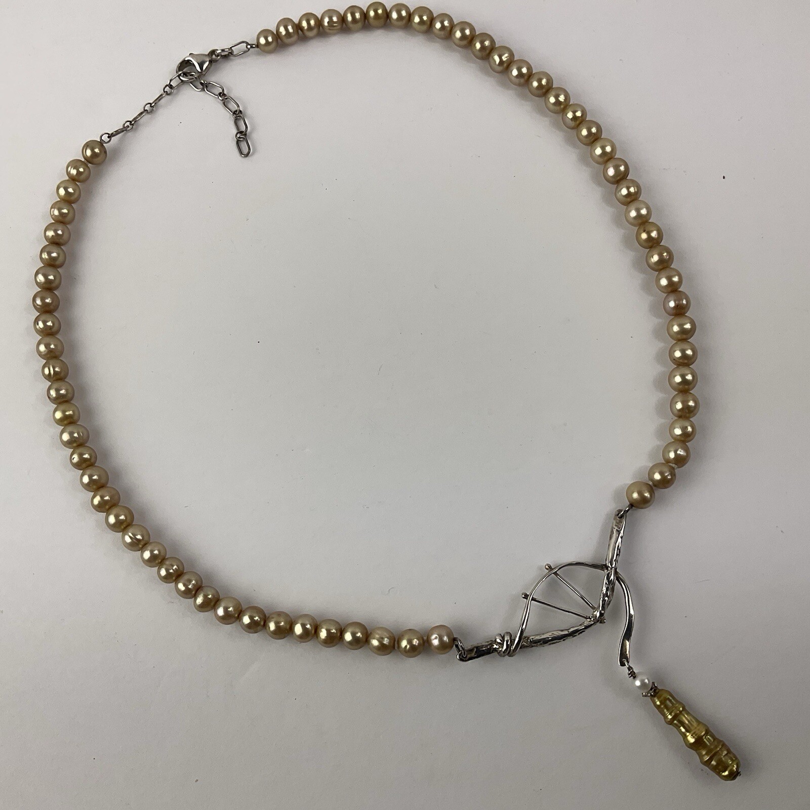Artisan Sterling Silver Baroque Dangle Pendant Necklace Golden Pearl Near Round