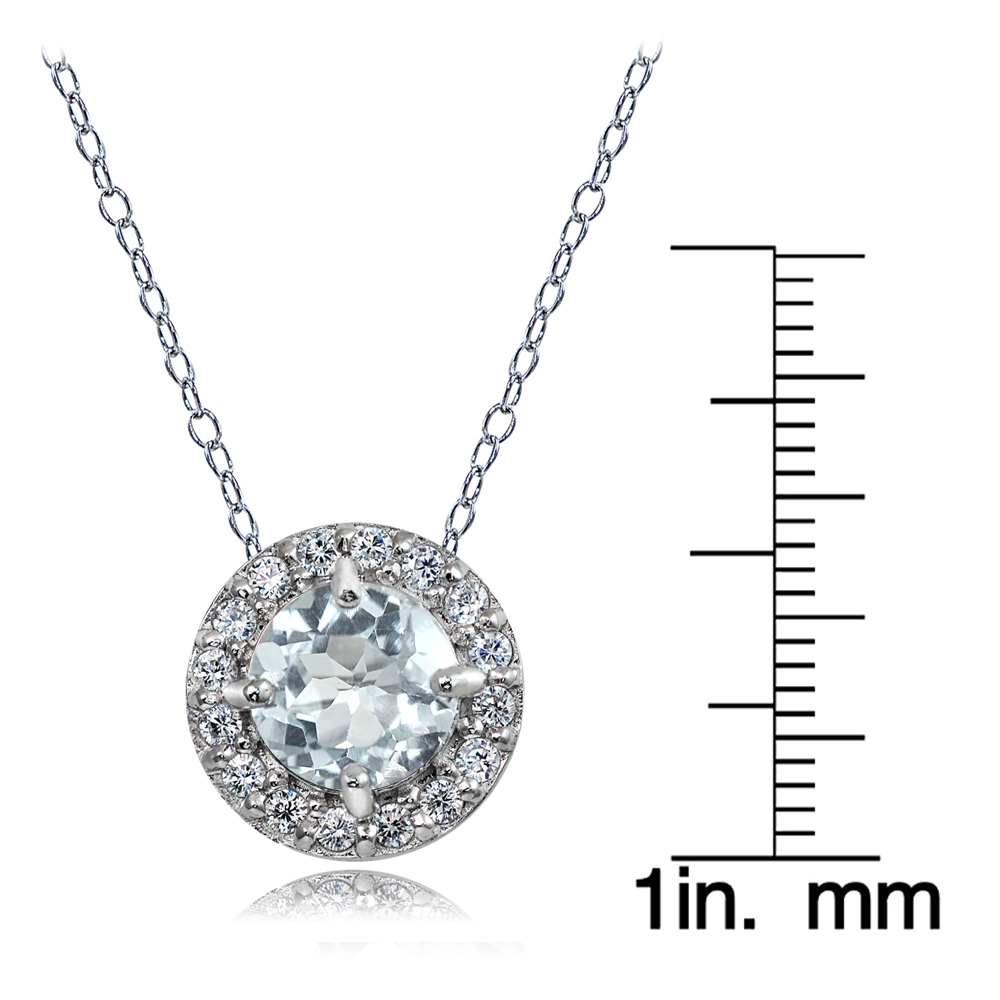 Sterling Silver Very Light Aquamarine and White Topaz Round Halo Necklace