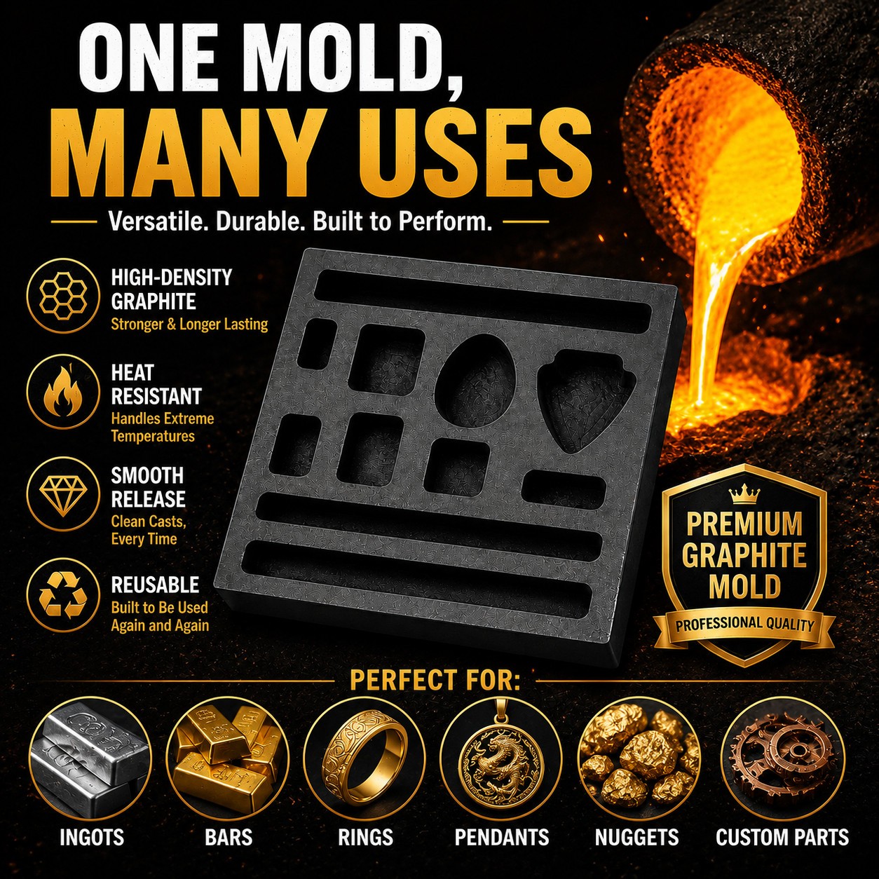 Graphite Ingot Mold 4x4in 11 Cavities Gold Bar Coin Scrap Refining Casting Tool