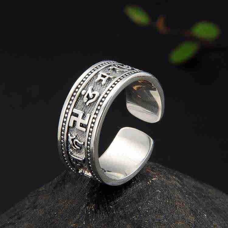 New mens sterling Silver Open Ring with Buddhist six-character mantra gift