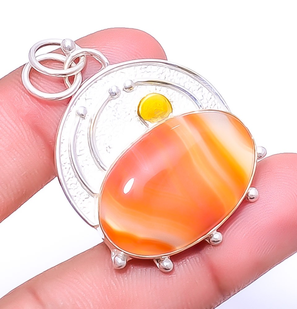 Orange Banded Agate 925 Sterling Silver Pendant 1.72″ P454, Christmas Gift