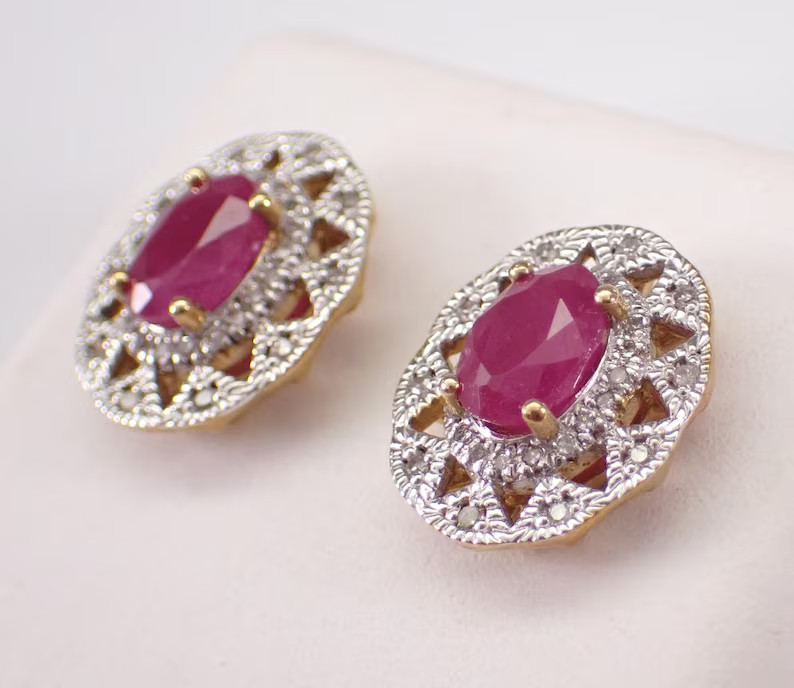2.20Ct Oval Cut Lab Created Ruby Snowflake Stud Earrings 14K Yellow Gold Plated