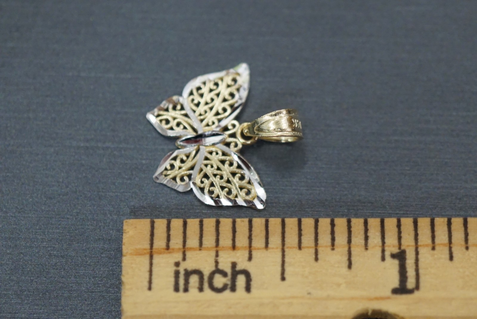 14K Solid Yellow Gold 0.5″ Two Tone Diamond-Cut Butterfly Pendant!! (#0405734)