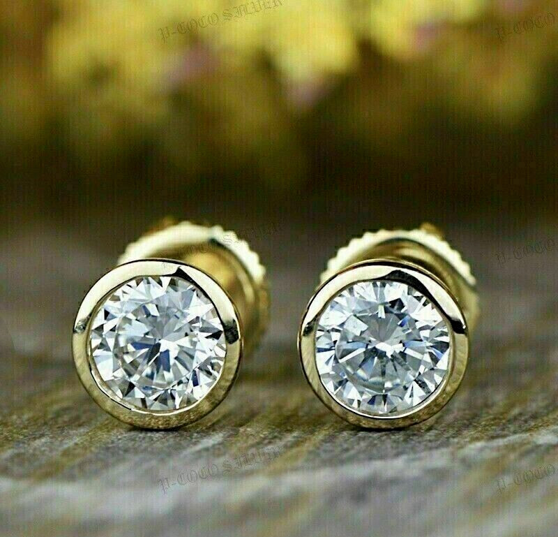 2Ct Round Lab Created Diamond Bezel Set Solitaire Stud Earrings 14K Gold Plated