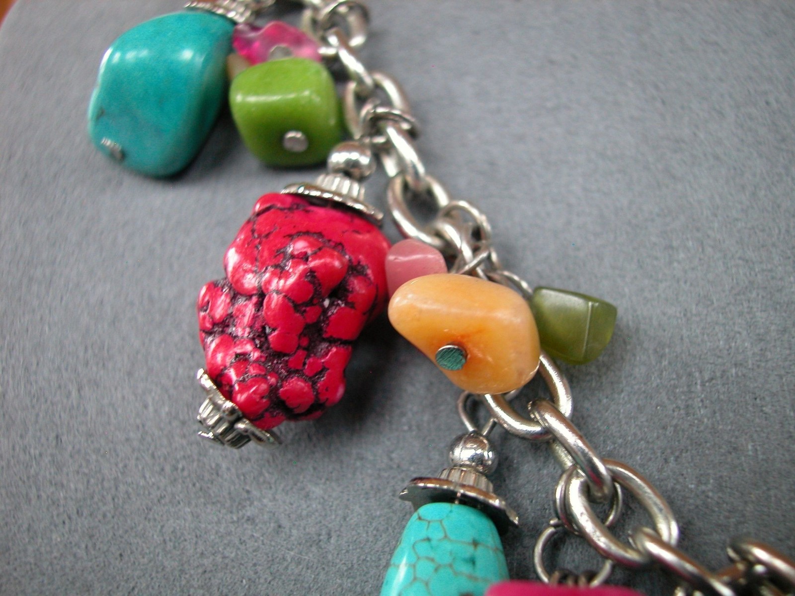Chunky Multicolor Stone Beaded Silver Chain Necklace 16″ With 2.5″ Extender