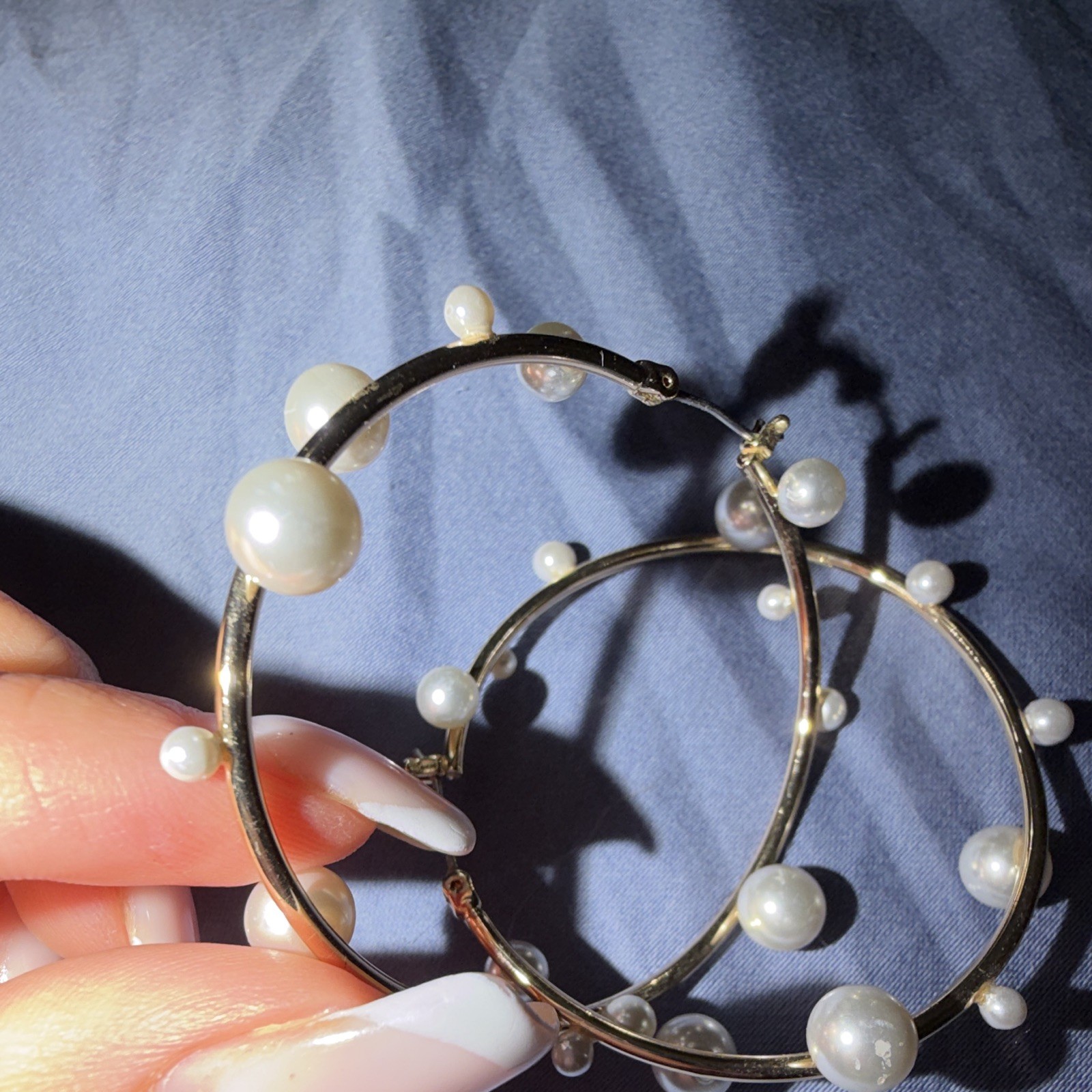 Gold Plated Hoop Earrings w/ White Imitation Pearls, Snap Closure