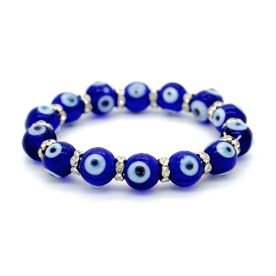 EVIL EYE BRACELET 8mm 10mm 12mm Glass Bead Blue Stretch Luck Protection Lampwork