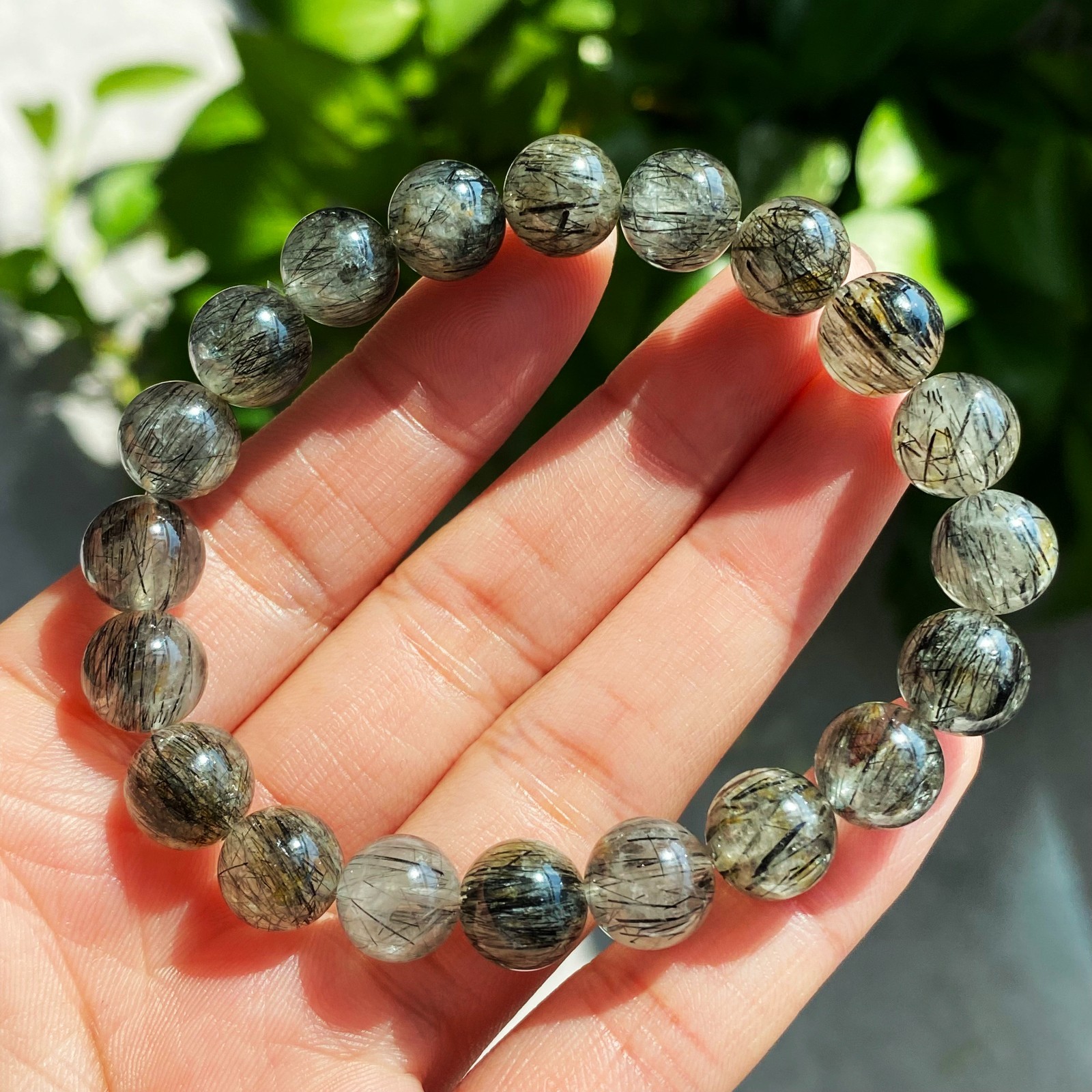 9mm Natural Black Rutilated Quartz Crystal Beads Bracelet 2342