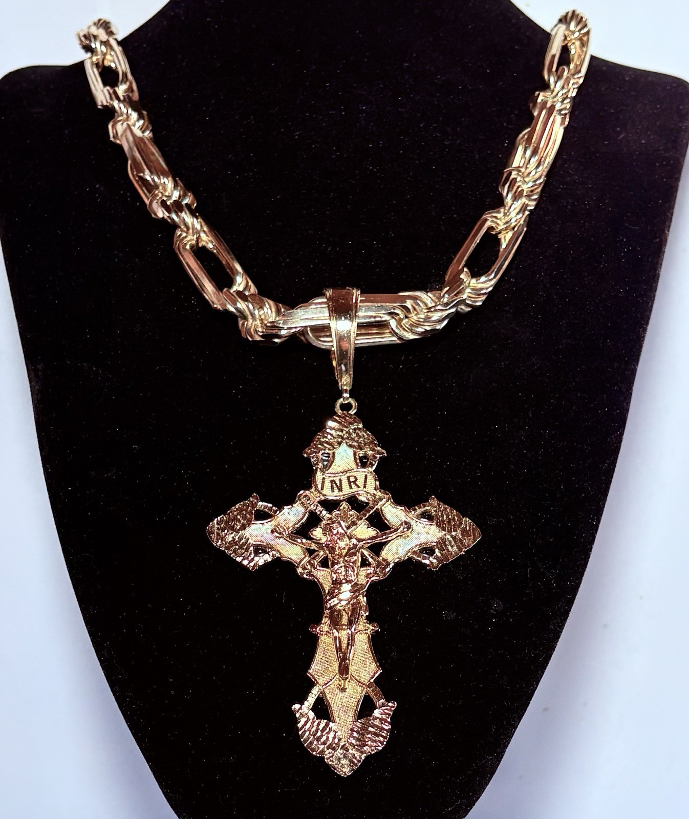 Italy Sterling Vermeil Cross Pendant 14mm 30″ Milano Figarope Necklace 396g