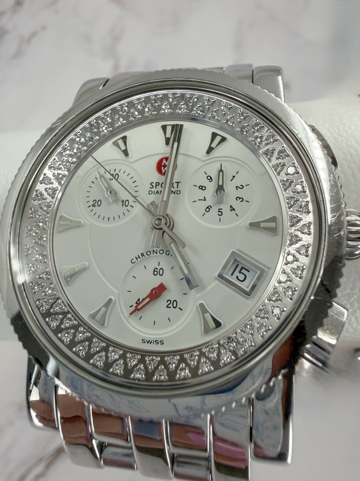 MICHELE Sport Diamond Chronograph Watch 71-5250 Stainless Steel 38mm Tested